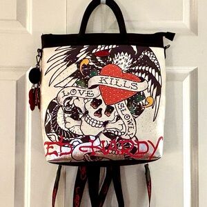 ED HARDY Metallic Silver “Love Kills Slowly” Convertible Backpack